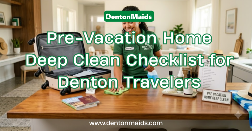 A professional house cleaner in a green Denton Maids polo shirt wipes down a wooden kitchen island next to an open suitcase packed for a vacation.